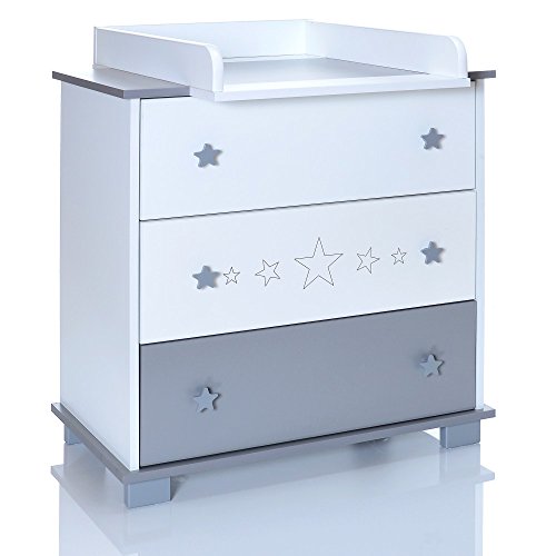Wickelkommode und abnehmbarer Wickelaufsatz | 3 große Schubladen; weiß-grau