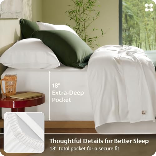 Image of Bedsure 100% Organically Grown Bamboo Viscose California King Sheet Sets | Cooling Bedsheets for Hot Sleepers | Luxury Silky Soft | 18 inch Deep Pocket with Corner Straps | Oeko-Tex Certified [White]