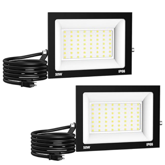 50W Flood Light Outdoor: 2 Pack 5000LM Bright LED Plug-in Flood Light, IP66 Waterproof, 100-265V, 6500K Daylight White, Plug-and-Play, Heat Dissipation, Ideal for Yard, Garage, Stadium