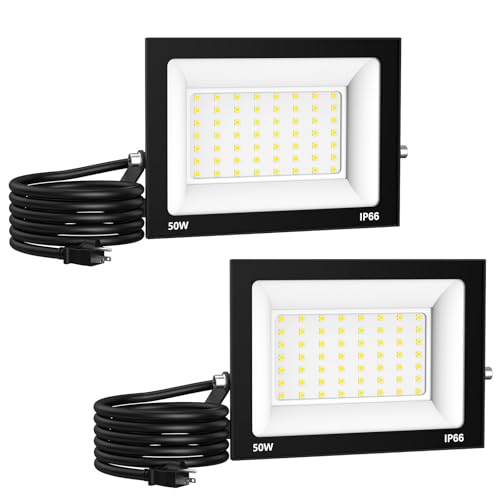 Paideste 50W Flood Light Outdoor: 2 Pack 5000LM Bright LED Plug-in Flood Light, IP66 Waterproof, 100-265V, 6500K Daylight White, Plug-and-Play, Heat Dissipation, Ideal for Yard, Garage, Stadium