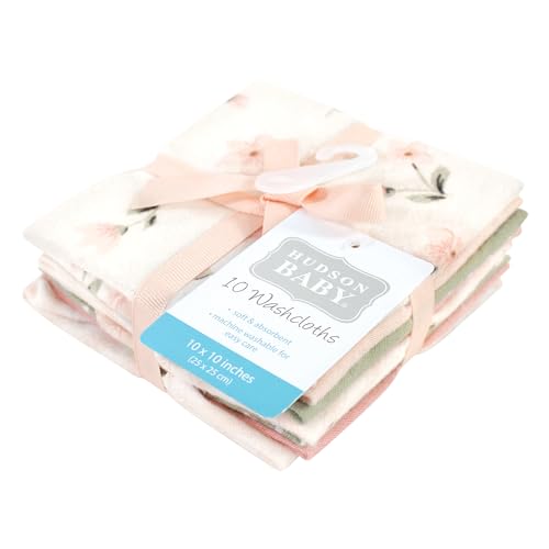 Image of Hudson Baby Unisex Baby Flannel Cotton Poly Washcloths, Pink Dainty Floral 10 Pack, One Size
