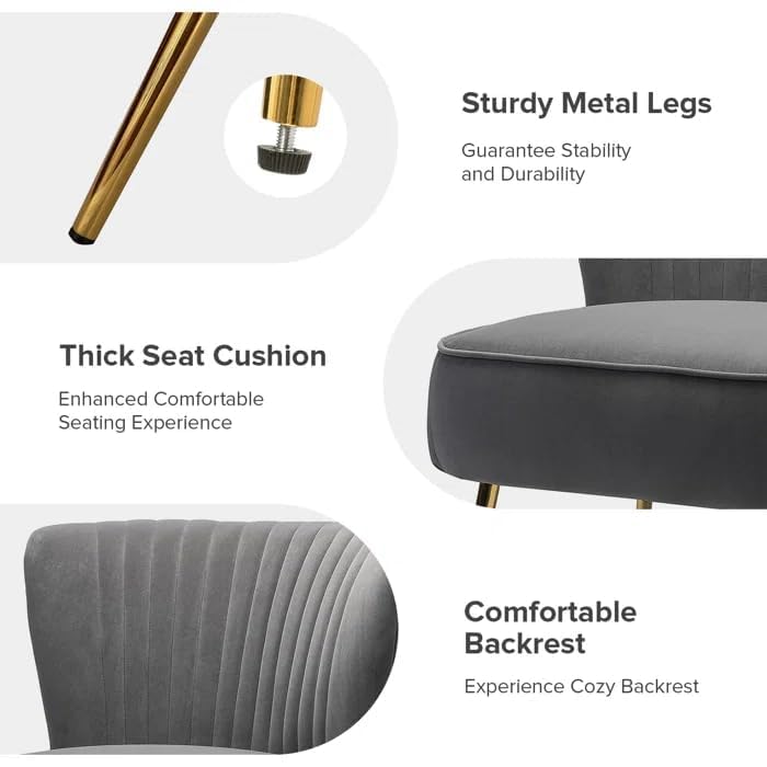 Image of Modern Upholstered Accent Velvet Chair Single Seater Channel Tufted Wing Back Chair with Golden Matel Legs for Living Room, Bedroom, Dining Room, Grey
