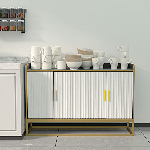 Williamspace 46.8" Modern Sideboard Buffet Cabinet With 4 Doors & Adjustable Shelf & Gold Metal Frame, Floor Storage Cabinet, Standing Side Cabinet For Living Room, Hallway, Kitchen - Black&White&Gold #TOP6