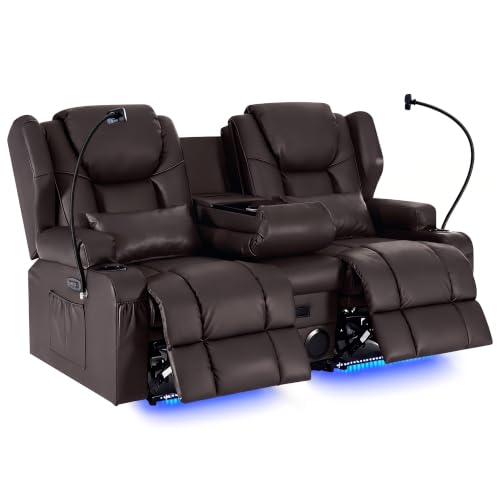 Image of Power Recliner Loveseat for Living Room, Loveseat Sofa with Center Console, USB Type-C Port, Leather Chair with Vibration Massage and Heat, Speaker Oversized Recliner Chair for Home Theater (Brown)