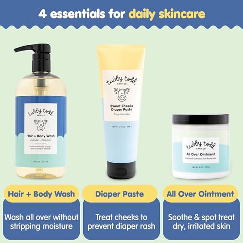 Image of Tubby Todd Baby Bundle Newborn Skin Care Set | Hypoallergenic Hair + Body Wash, All Over Ointment Sweet Cheeks Diaper Paste, Full Size, Lavender Rosemary