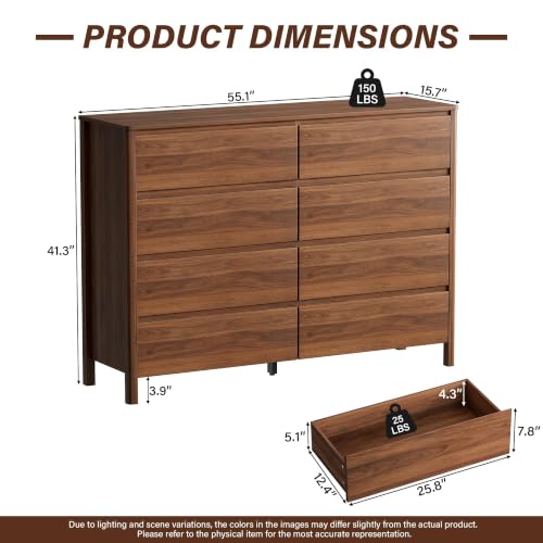 Image of Furniway Walnut Dresser and Nightstand Set 3 Piece, 8 Drawer Dresser with 3 Drawer Nightstands Set of 2, Modern Wood Chest of Drawers, Handleless Bedroom Storage Set