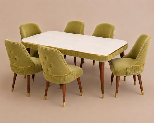 Image of WOODEN SPACE 6-Seater Wooden Dining Table Set | Nano Composite Marble Top | Solid Wood Base | Modern Dining Room Furniture with 6 Chairs (Light Green Grand Aura)