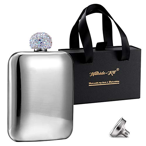 Hillside-Kit Booze Shot Flask- AB Crystal Lid Creative 304 Stainless Steel Wine Alcohol Liquor Flask for Women Girls Men Party Hand size Flask-6OZ