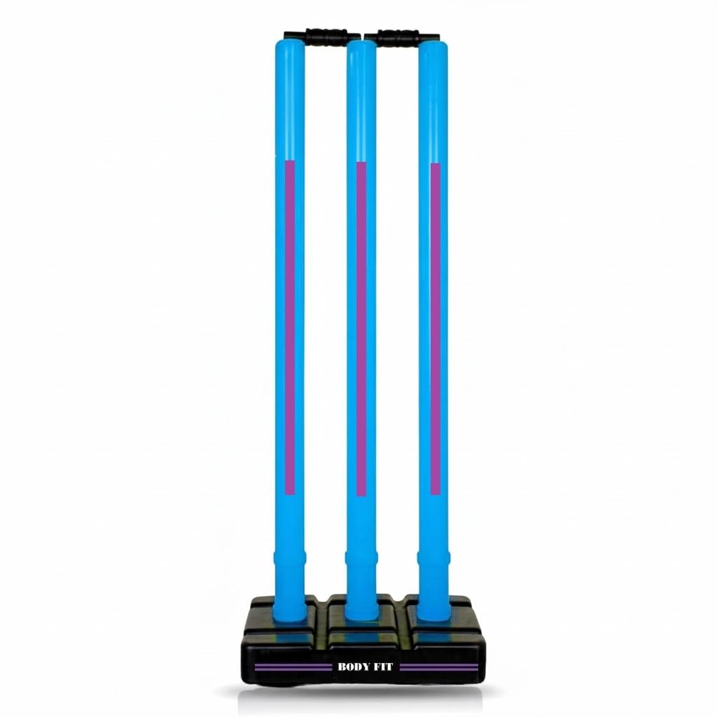 BodyFit Professional Heavy Cricket Stumps Set, Fluorescent Blue Wickets Set with 3 Stumps + 2 Bails + 1 Stand | Full Size for Cricket Ground, Tournament Wicket Blue-Purple.-image-3
