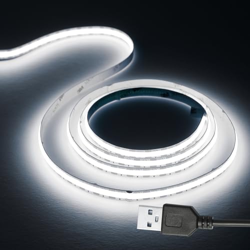 HCHEOG USB LED Light Strip 1.5M COB Led Strip Lights 5V Daylight White 6000K 320LEDs/M CRI 90+ Flexible TV Led Lights USB Powered 1.5M for Display Cabinet Home DIY Lighting Room Decor led Lights