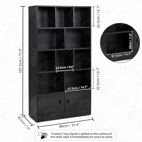 Image of ABOUT SPACE Tall Book Shelf for Home - 10 Shelves with Bottom Closed Compartment Engineered Wood Book Rack for Study Room Book Organizer Stand for Library, Living Room(L80 x B30.5 x H181.5cm -Black)