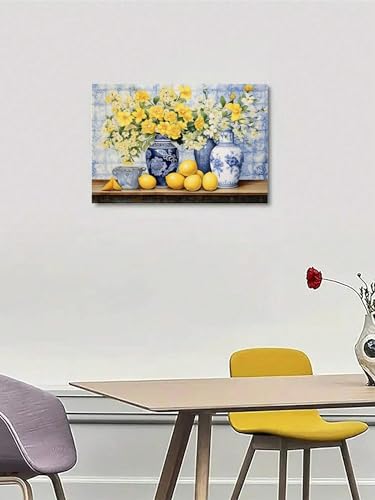 Peinture fleurs jaunes et citrons XBTYKPB 70x90cm avec cadre interne pour salon - 4
