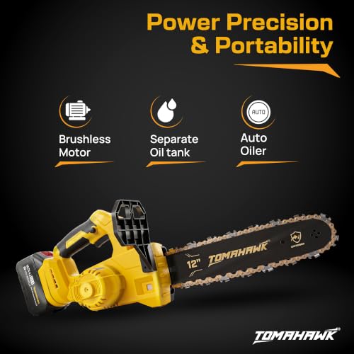 Image of Tomahawk 20V Cordless Chainsaw 12 Inch | Wood Cutting Machine & Tree /Branch Pruning Saw for Home, Garden & Timber | 6000 RPM, 22-Tooth 3 /8 inch Chain, Auto Oiler | 2 x 3.0Ah Batteries & Charger