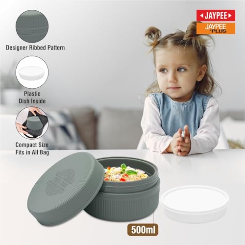 Image of JAYPEE Mini Max Lunch Box for School, Office, Ideal for Snacks and Meal, Keeps Food Hot & Fresh Insulated Stainless Steel Inner with Plastic Dish Inside for Office, College and Picnic, Green, 500 ml