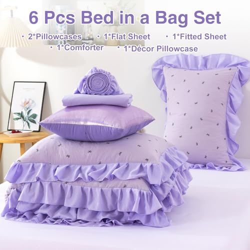 Image of A Nice Night Delicate Bows Print On Purple Background Bedding Set,Ruffle 6 Piece Bed in a Bag Matching Sheet Set,Princess Style Chic Bowknot Printed,Twin