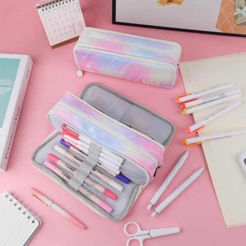Image of Large Pencil Case 3 Compartments Pencil Pouch Big Capacity Pencil Bag Oxford Stationery Storage Pen Bag Cosmetic Makeup Pouch for Women (Rainbow Pink)