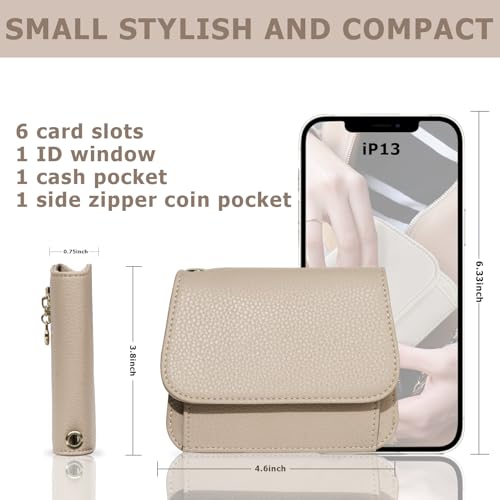 Image of Women Small Wallet RFID Blocking Slim Wallet with Coin Pocket Tri-Fold Credit Card Holder with ID Window and Keychain (Khaki)