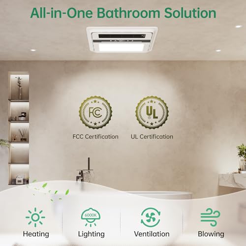 Ventilador de extracción para baño VallisCo 4 en 1 con luz LED y función calefactora, sistema de ventilación de techo de 1800 W, ventilador silencioso de 140 CFM con control remoto inalámbrico y teclado, 110 V miniatura 4