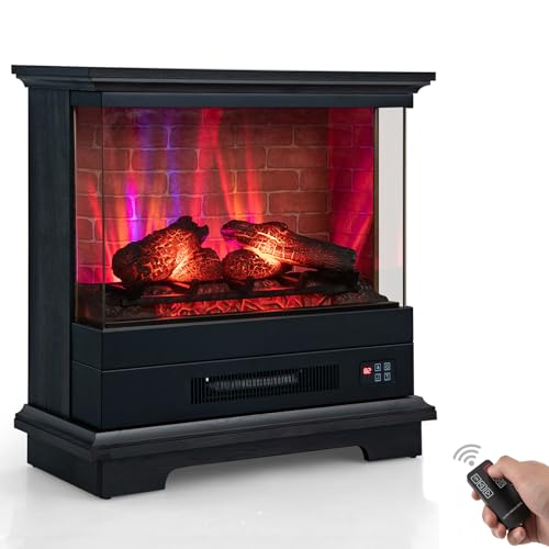 ORALNER 27” Electric Fireplace with Mantel, 3-Sided Glass View, Wooden Surround Firebox, Freestanding Fireplace Heater w/ 7 Flame Colors, Remote & 6H Timer, Overheat Protection, 1400W (Black)