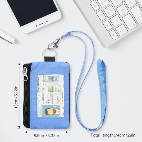Image of Minimalist RFID Wallet with Lanyard, Multi-Functional ID Case with 2 Zipper Pockets and Key Chain for Men and Women, Tactical Badge Pouch Cards Holder, Coin Purse for Travel Sports - Green&Blue