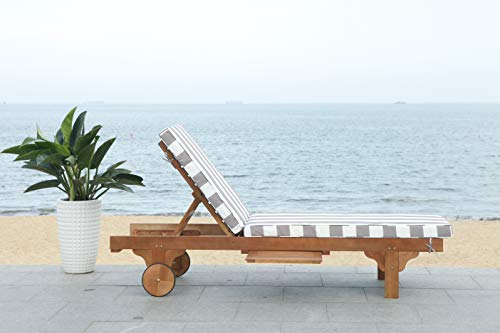 Safavieh Outdoor Collection Newport Natural/ Grey & White Stripe Cushion Built-In Side Table Adjustable Chaise Lounge Chair #TOP3