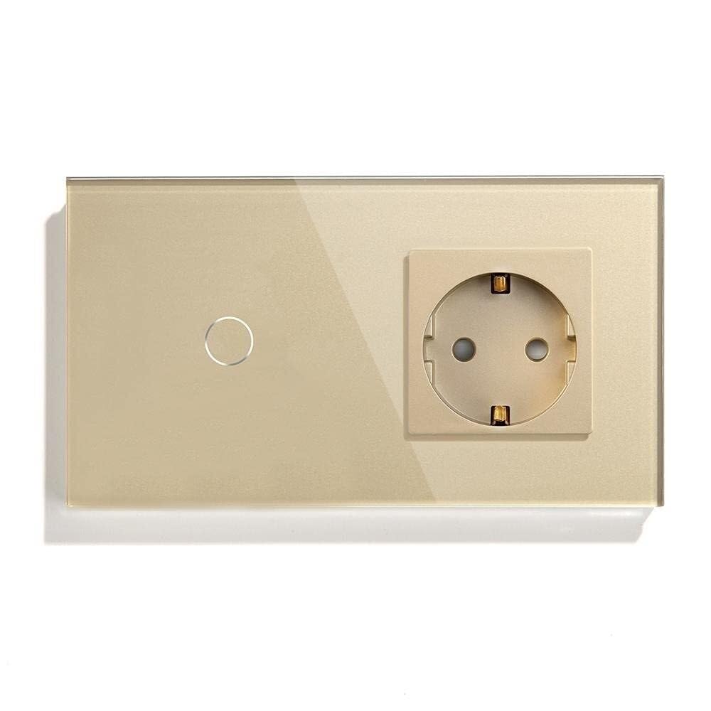 Interruptor de luz táctil inteligente, Panel de vidrio con enchufe de 2 vías y 1 unidad, 157mm(Gold)