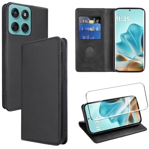 Vauki Handyhülle für Motorola Edge 60 Fusion/Edge 60 Hülle Klapphülle Premium PU Leder Standfunktion Kartenfach RFID Schutzhülle Flip Wallet Case Lederhülle mit Panzer Schutz Glas Schwarz