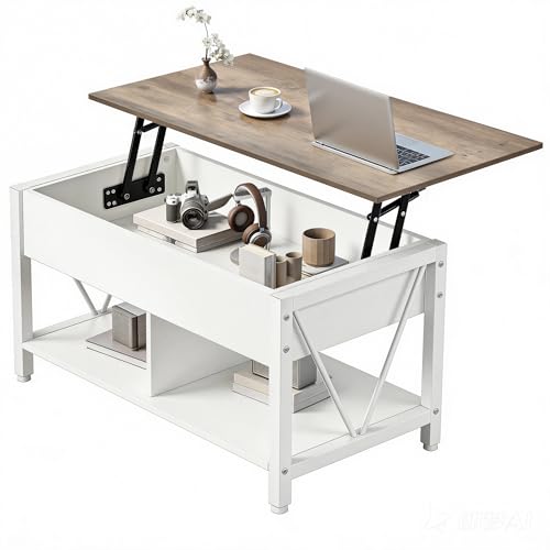 YITAHOME Table Basse Réglable Design Industriel avec Rangement Caché, Table Salon Multifonction à Levage Assisté, Idéale comme Table Travail ou à Manger,...