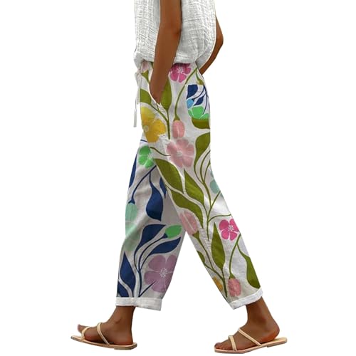 Pantalones cortos de lino 3/4 para mujer, pantalones de lino estampados para mujer, pantalones de playa pequeños con cintura elástica, pantalones cortos de verano con bolsillos con cordón, pantalones