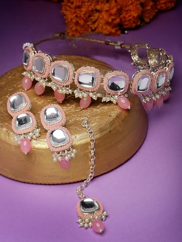 Kundan Studded Collar Bone Necklace Set With Earrings