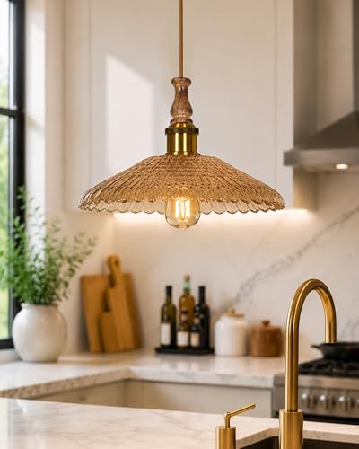 Image of Homesake Botanica Pendant Lamp | Petal Scalloped Glass Hanging Light with Solid Wood Top | Vintage European Ceiling Fixture, Pendant Light for Home Decor, Hallway, Kitchen & Balcony, (Ripple, Yellow)
