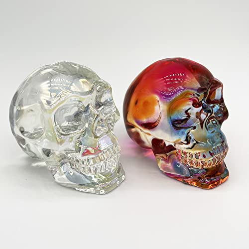 Fzbhro Crystal Skull Head Statues Clear Skull Figurines K9 Glass Skull Gemstone Halloween Decor Gifts For Women Plating Blue Red 2.8" #TOP4