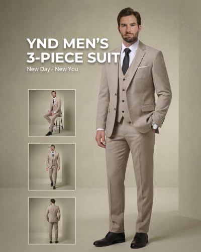 Image of YND Men's 3 Piece Suit with Tie, Solid Color Slim Fit Jacket Vest and Pants