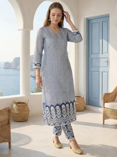 Image of INDO ERA Women's Pure Cotton Chevron Printed Straight Kurta & Pant Set | Kurta Set For Women