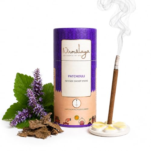 Image of Nirmalaya Premium Bamboo-Less Dhoop Sticks | 100% Natural Organic | with Ceramic Stand | Long-Lasting fragrances for Pooja, Meditation, Yoga and Aromatherapy (Patchouli)
