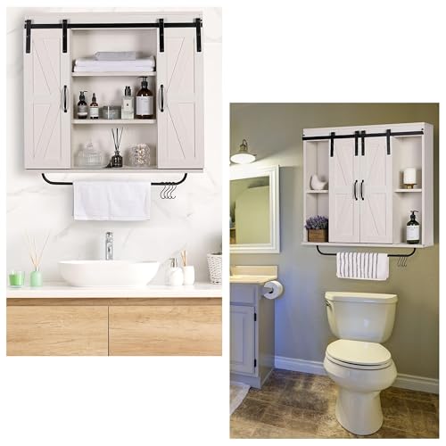 Image of RUSTOWN Farmhouse Bathroom Wall Cabinet with Sliding Barn Door & Towel Rack