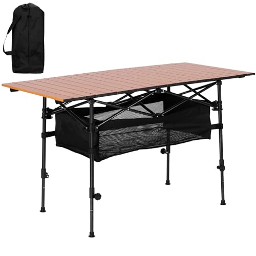 verovita Portable Folding Camping Table, 4-6 Person Aluminum Outdoor Picnic Table with Storage Carry Bag, Adjustable Height Lightweight Camp Table for Beach, Picnic, BBQ and Indoor Use