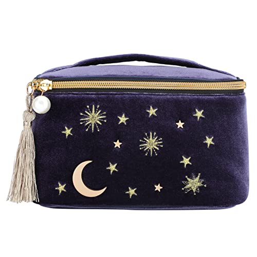Handy cosmetic makeup bag,square Navy Velvet Embroidered Applique Moon Stars Sun Cosmetic Bag,High capacity Starry Makeup Pouch with Tassels & Pearl Zipper,Beautician Storage Bag Clutch Handbags - Image 6