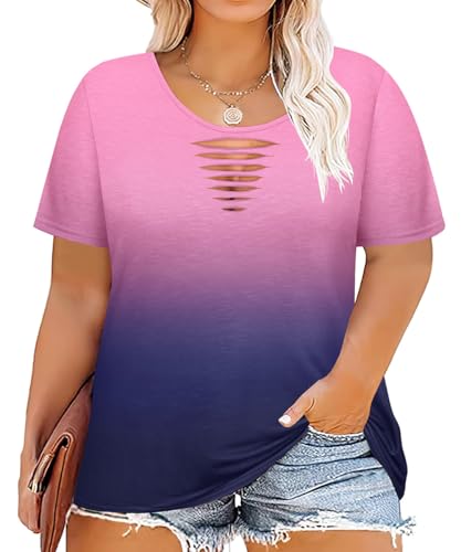 Image of CARCOS Plus Size Tops for Women Short Sleeve Shirts Basic Tee Solid Color Blouse V Neck Tunic Loose Fit Tshirts Summer XL-5XL