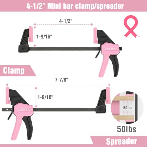 Image of WORKPRO 4-Piece Mini Bar Clamps, 6 inch(2) & 4-1 /2 inch(2) Wood Clamps, Pink Ribbon