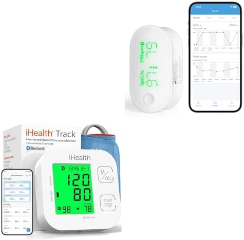 Kit de salud en el hogar iHealth: monitor inteligente de presión arterial en la parte superior del brazo con manguito de amplio rango + oxímetro de pulso recargable en la punta del dedo