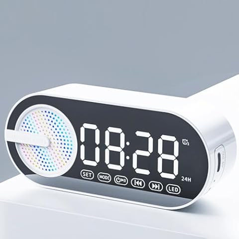 IHAO Portable Wireless Bluetooth Speakers 4 in 1 Multifunctional Soundbox Alarm Clock Mini FM Radio Mirror 4 Hours Playtime Handsfree, Ambient LED Light Speakers for Home, Outdoor, Travel-White Cover