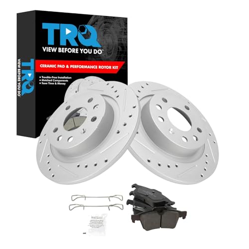 Image of TRQ Performance Rear Brake Pad and Rotor Set Ceramic Coated Drilled Slotted Rotors Compatible with 2003-2003 Saab 9-3