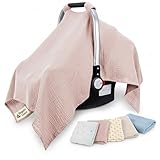 infancie 100% Organic Muslin Cotton Car Seat Cover 35 x 50 Inches Soft Touch Breathable Canopy, Protective Car Seat Cover Baby All Seasons Lightweight Car Seat Cover Travel Comfort (Pink)