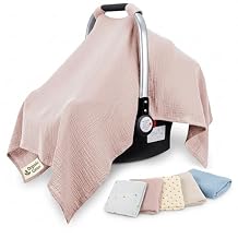 100% Organic Muslin Cotton Car Seat Cover 35 x 50 Inches Soft Touch Breathable Canopy, Protective Car Seat Cover Baby All Seasons Lightweight Car Seat Cover Travel Comfort Pink