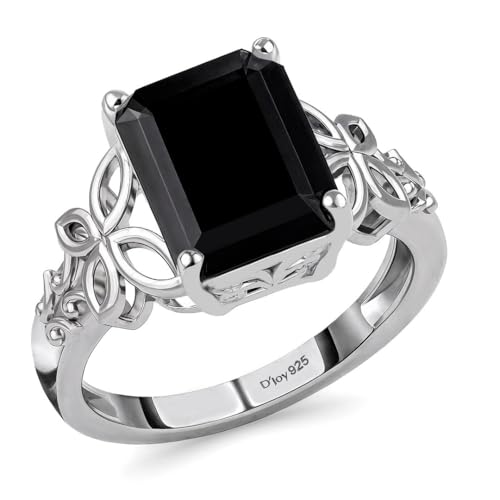 Black Tourmaline Ring in 925 Sterling Silver - October Birthstone Rings for Women - Engagement Promise Floral Statement Vintage Solitaire Tourmaline Jewelry Gifts for Womens, T, Sterling Silver