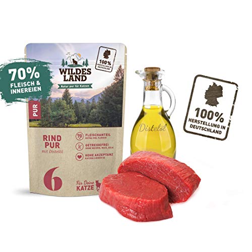 Wildes Land - Nassfutter für Katzen - Nr. 6 Rind PUR - 12 x 100 g - Getreidefrei - Extra viel Fleisch - Beste Akzeptanz und Verträglichkeit