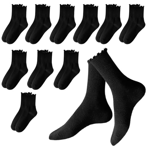 SI SEN Baumwolle Gestrickt Crew Söckchen, Gestrickt Socken Mit, Rüschen Socken, für Damen und Mädchen, 36-39 (Schwarz)