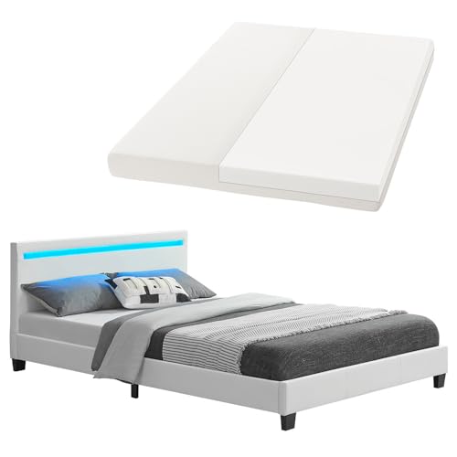 Juskys letto imbottito Paris da 140x200 cm con LED, materasso e rete a doghe - Rivestimento in similpelle e struttura in legno - Bianco - Moderno e stabile - Letto singolo per ragazzi