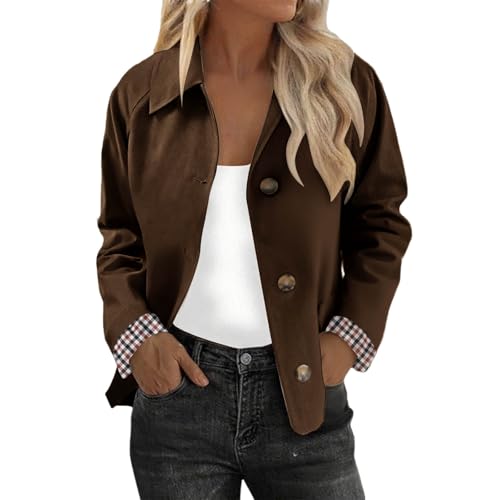 Image of Womens Cropped Trench Coat Lightweight Single Breasted Jacket Oversized Casual Jackets Fall Windbreaker Fashion Outerwear